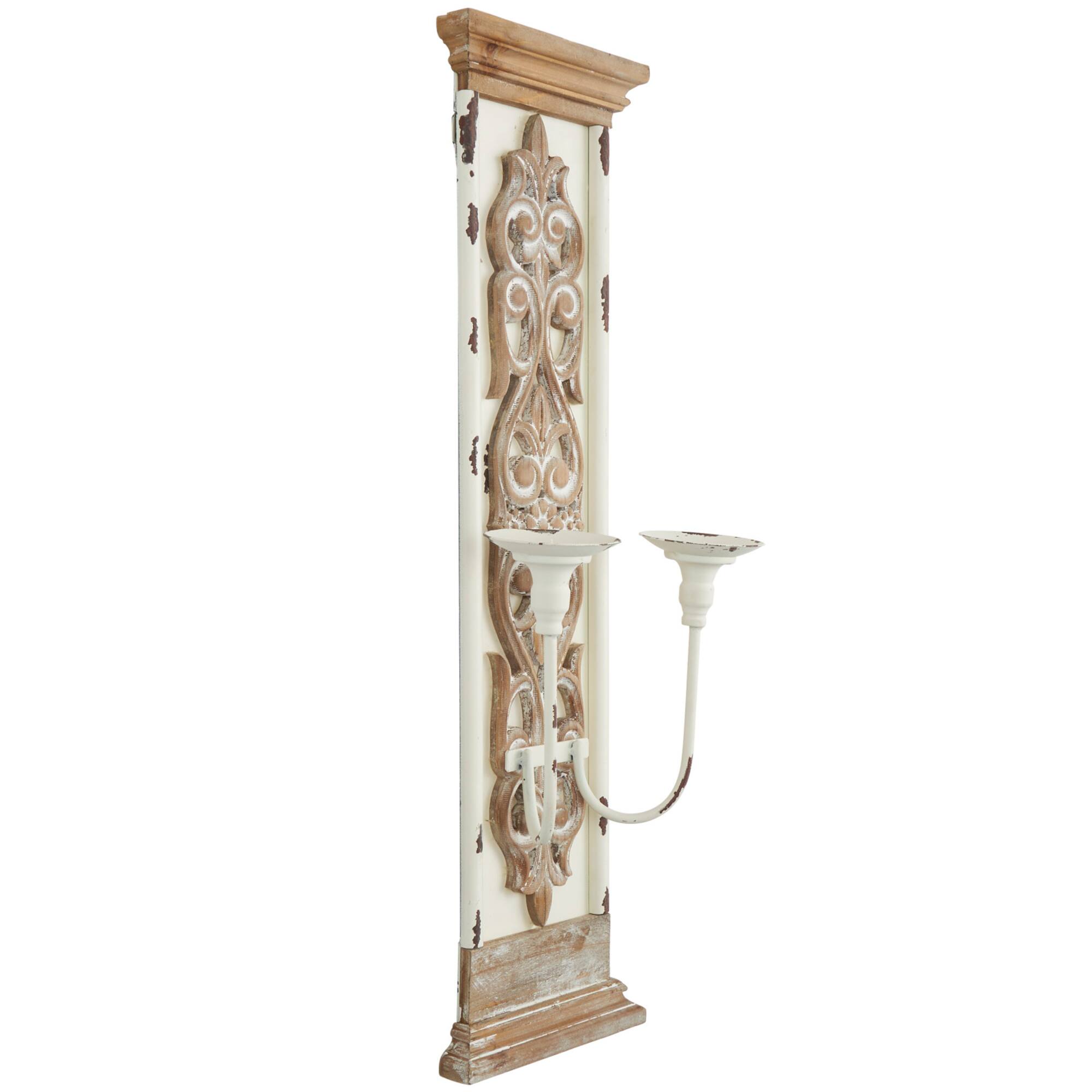 29" Brown Wood Pillar 2 Plate Scroll Wall Sconce